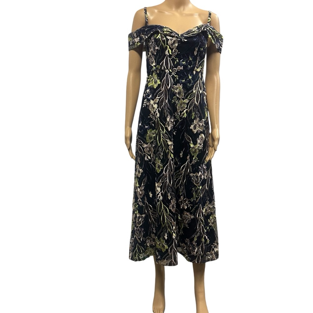 JS Collections Draped Sleeve Cold Shoulder Embroidered Semi Formal Midi Dress 2